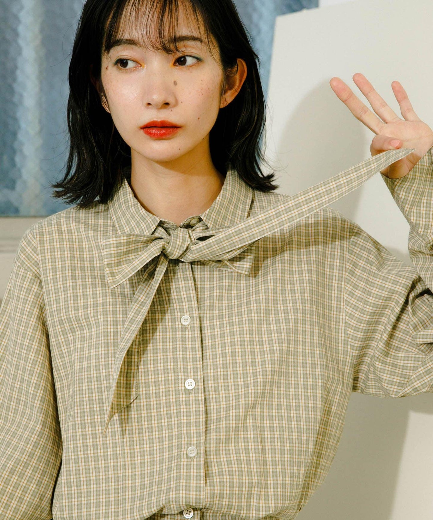 收腰格紋襯衫