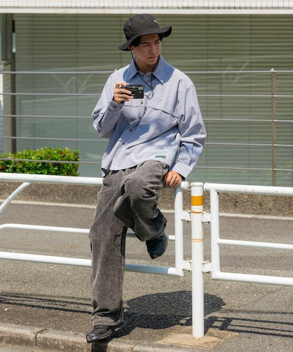 牛津布九分袖多功能口袋長袖襯衫