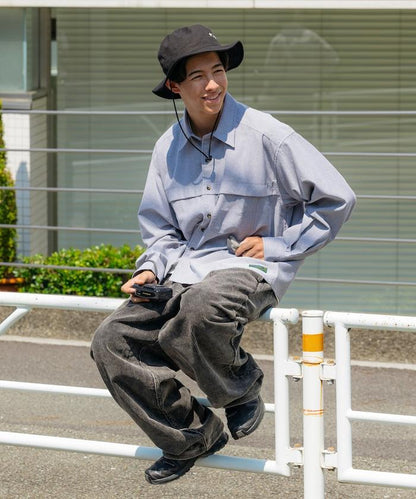 牛津布九分袖多功能口袋長袖襯衫
