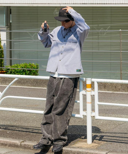 牛津布九分袖多功能口袋長袖襯衫