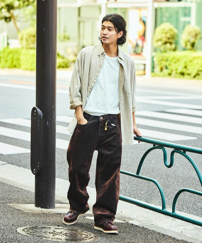 直筒版型植絨寬鬆牛仔褲