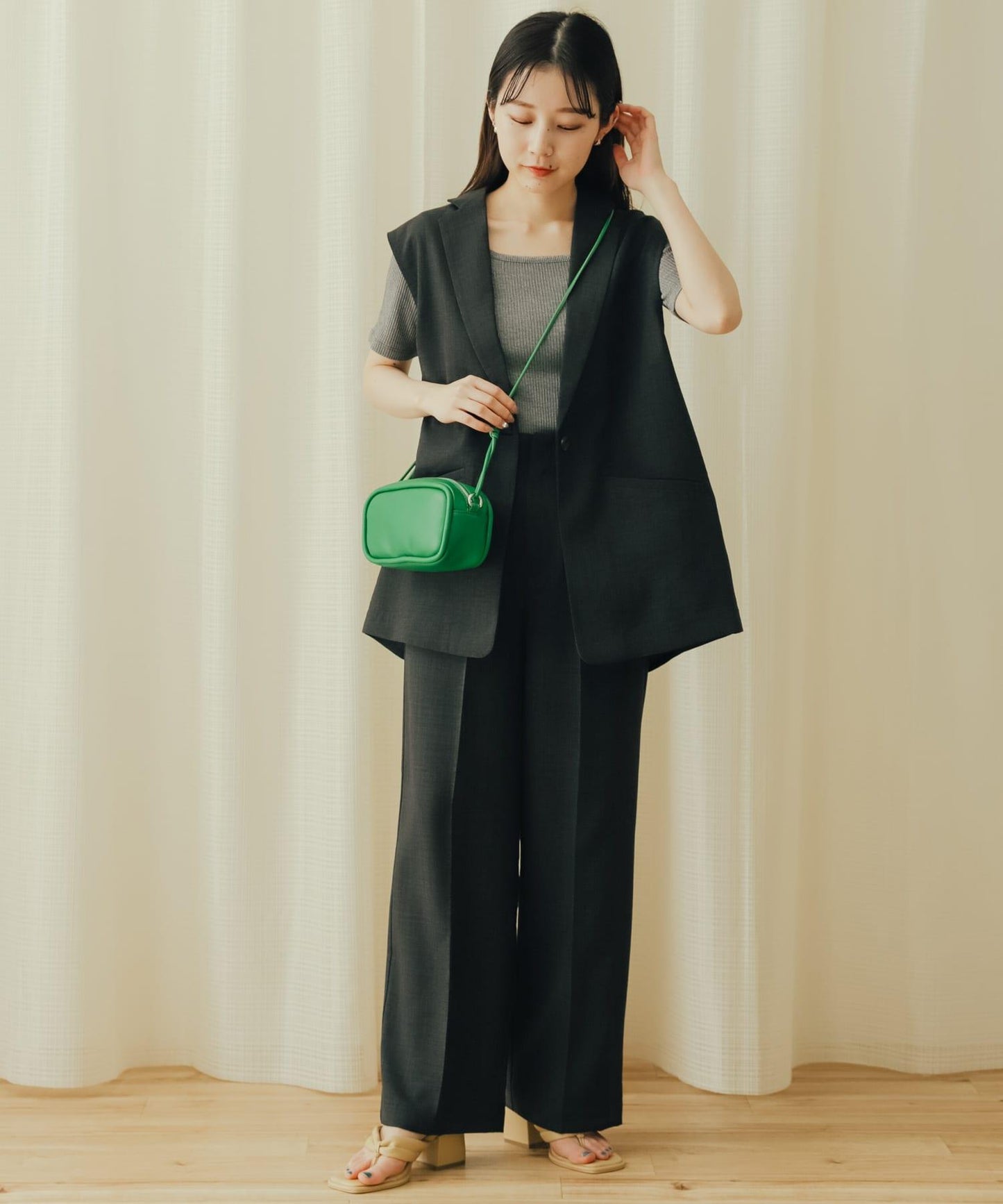 亞麻風高腰闊腿褲