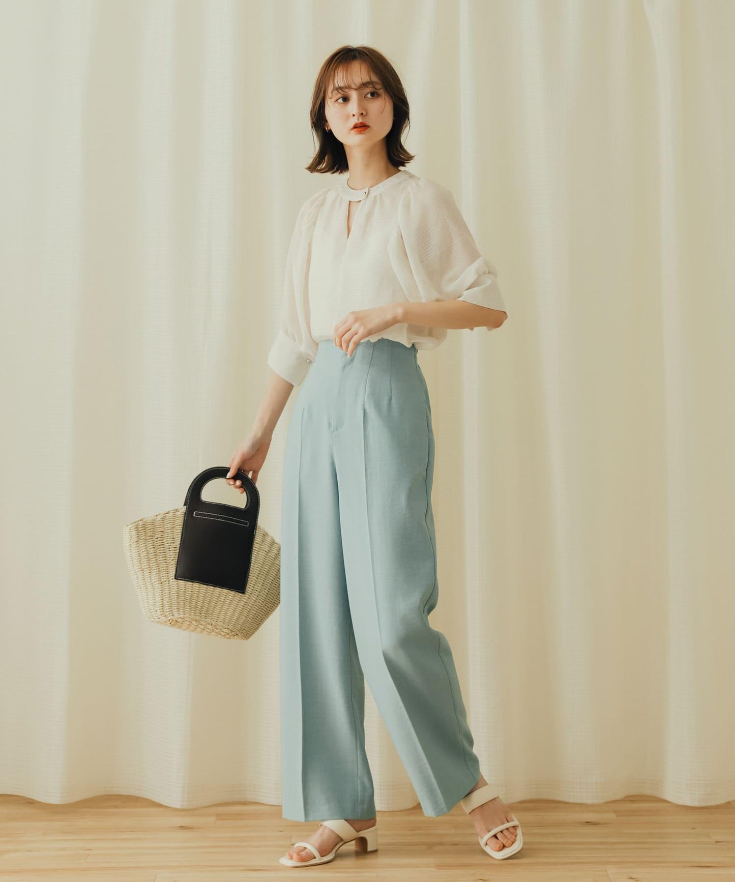 亞麻風高腰闊腿褲