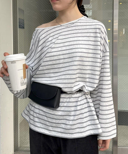 透視斜紋條紋單點刺繡寬鬆T恤