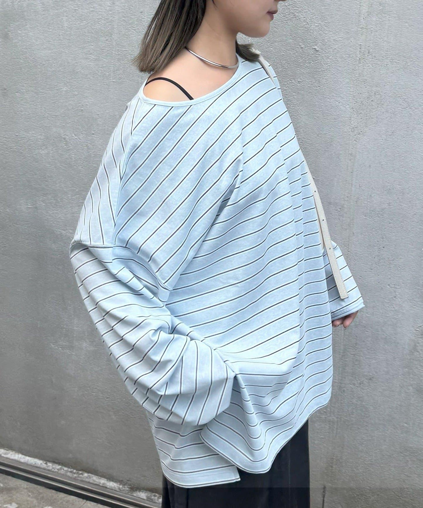 透視斜紋條紋單點刺繡寬鬆T恤