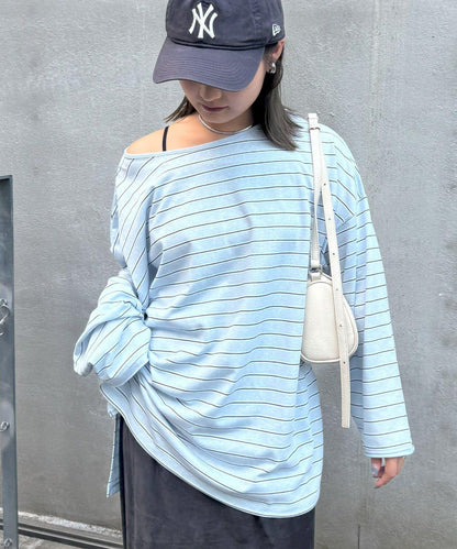 透視斜紋條紋單點刺繡寬鬆T恤