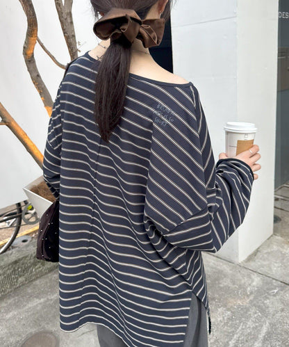 透視斜紋條紋單點刺繡寬鬆T恤