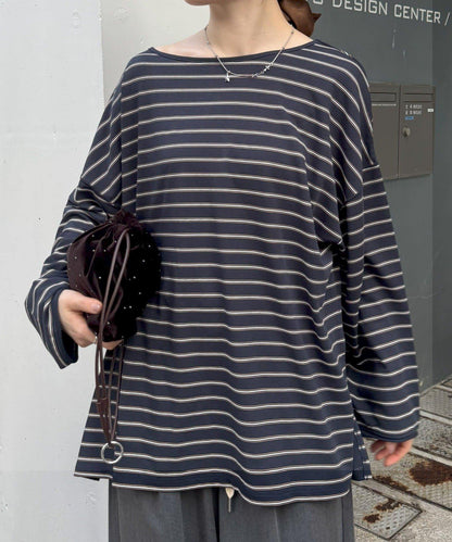 透視斜紋條紋單點刺繡寬鬆T恤