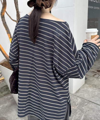 透視斜紋條紋單點刺繡寬鬆T恤