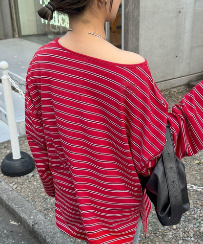 透視斜紋條紋單點刺繡寬鬆T恤