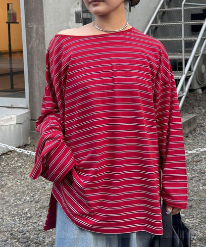 透視斜紋條紋單點刺繡寬鬆T恤