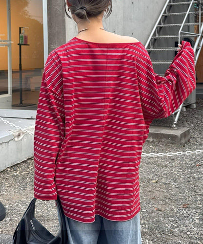 透視斜紋條紋單點刺繡寬鬆T恤