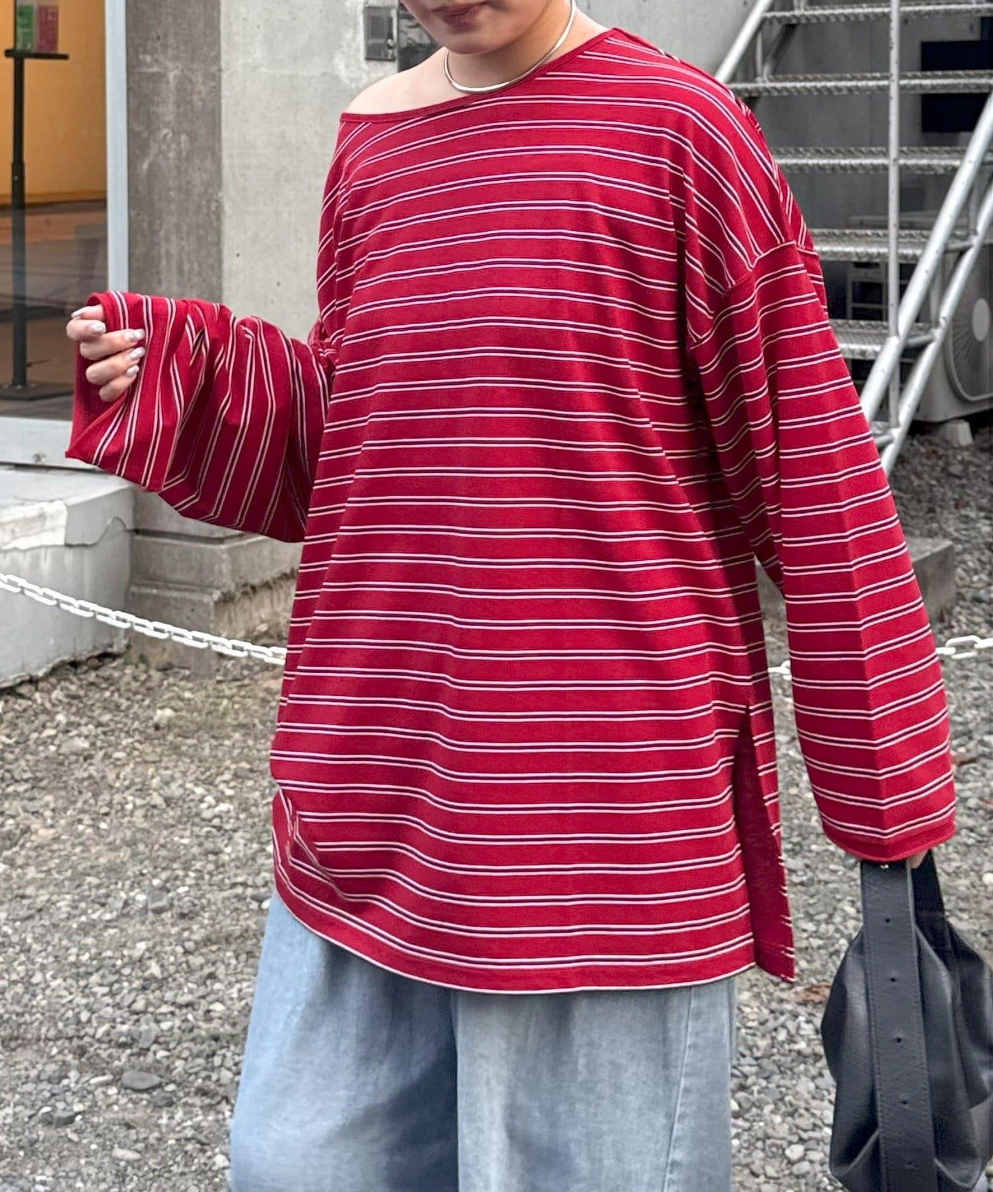 透視斜紋條紋單點刺繡寬鬆T恤