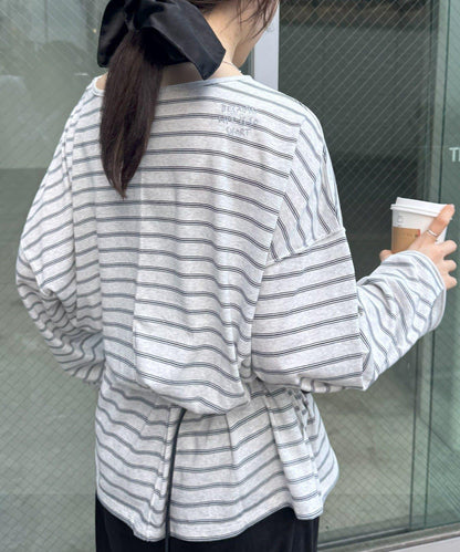 透視斜紋條紋單點刺繡寬鬆T恤