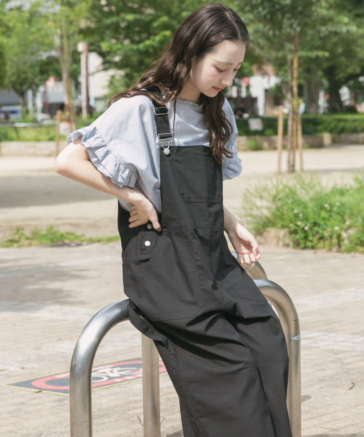 亞麻混紡揹帶褲