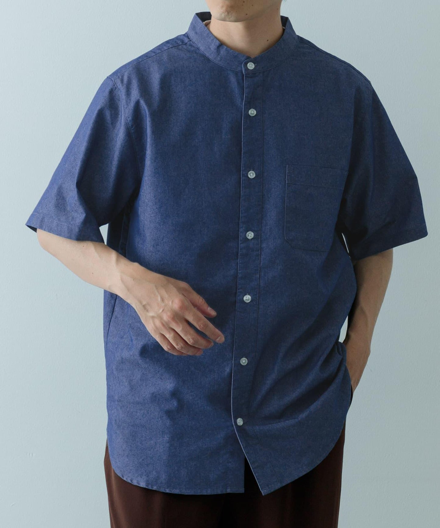 TC靛藍立領短袖襯衫