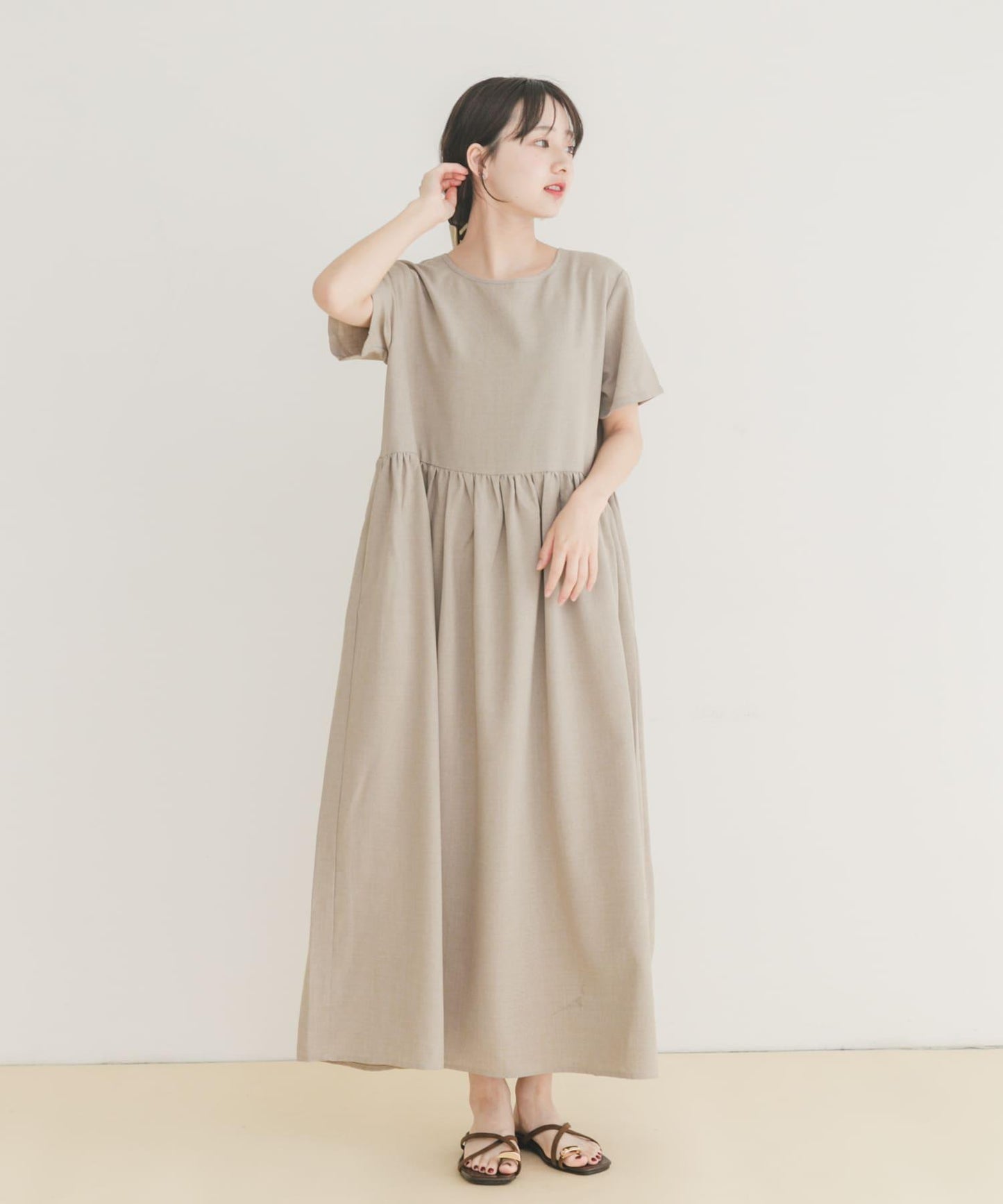 亞麻風短袖連衣裙