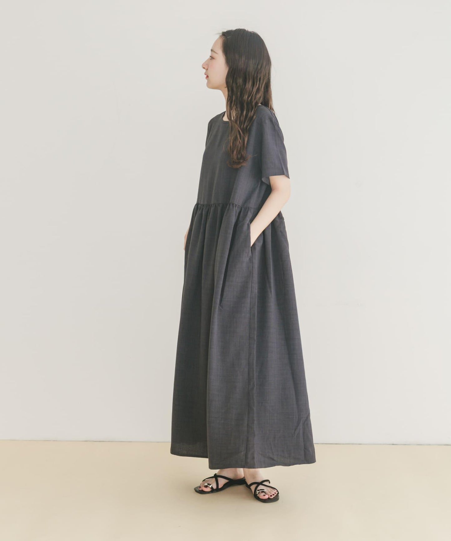 亞麻風短袖連衣裙