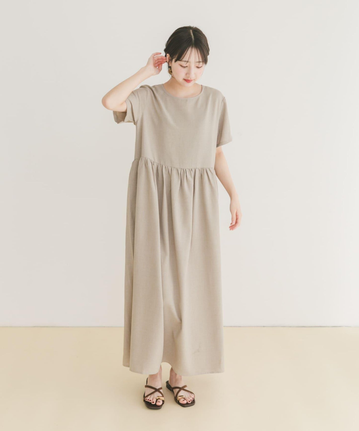 亞麻風短袖連衣裙