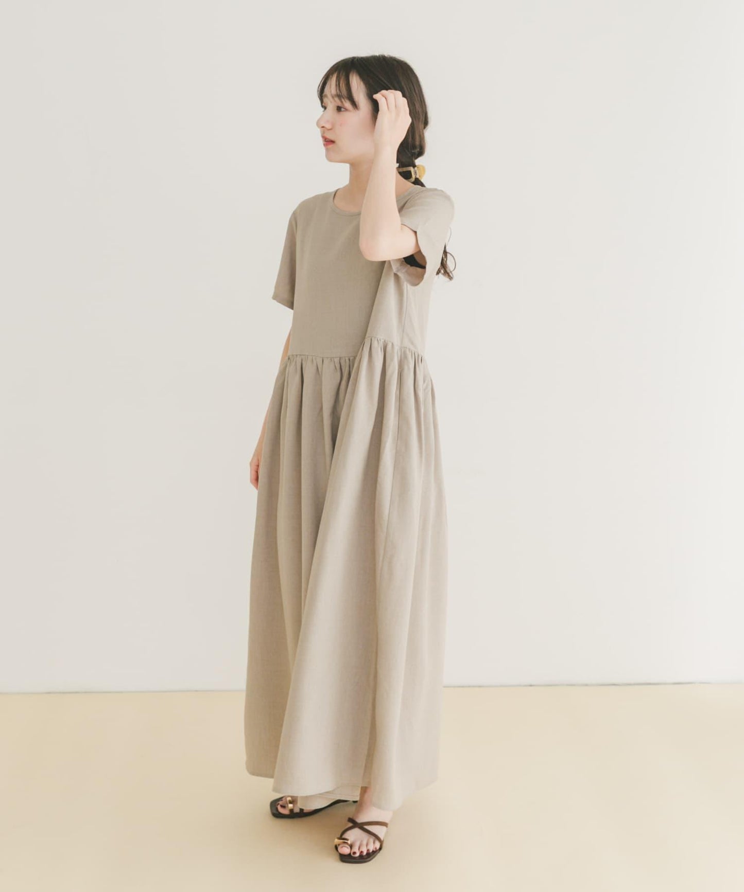 亞麻風短袖連衣裙