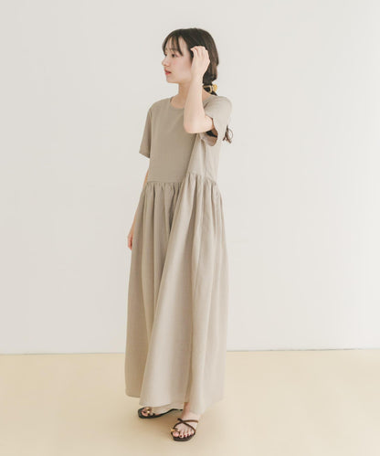 亞麻風短袖連衣裙