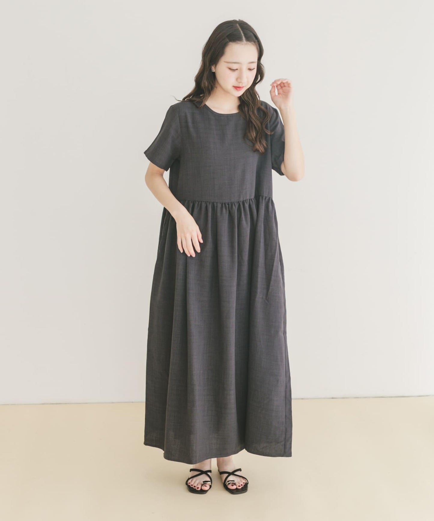 亞麻風短袖連衣裙