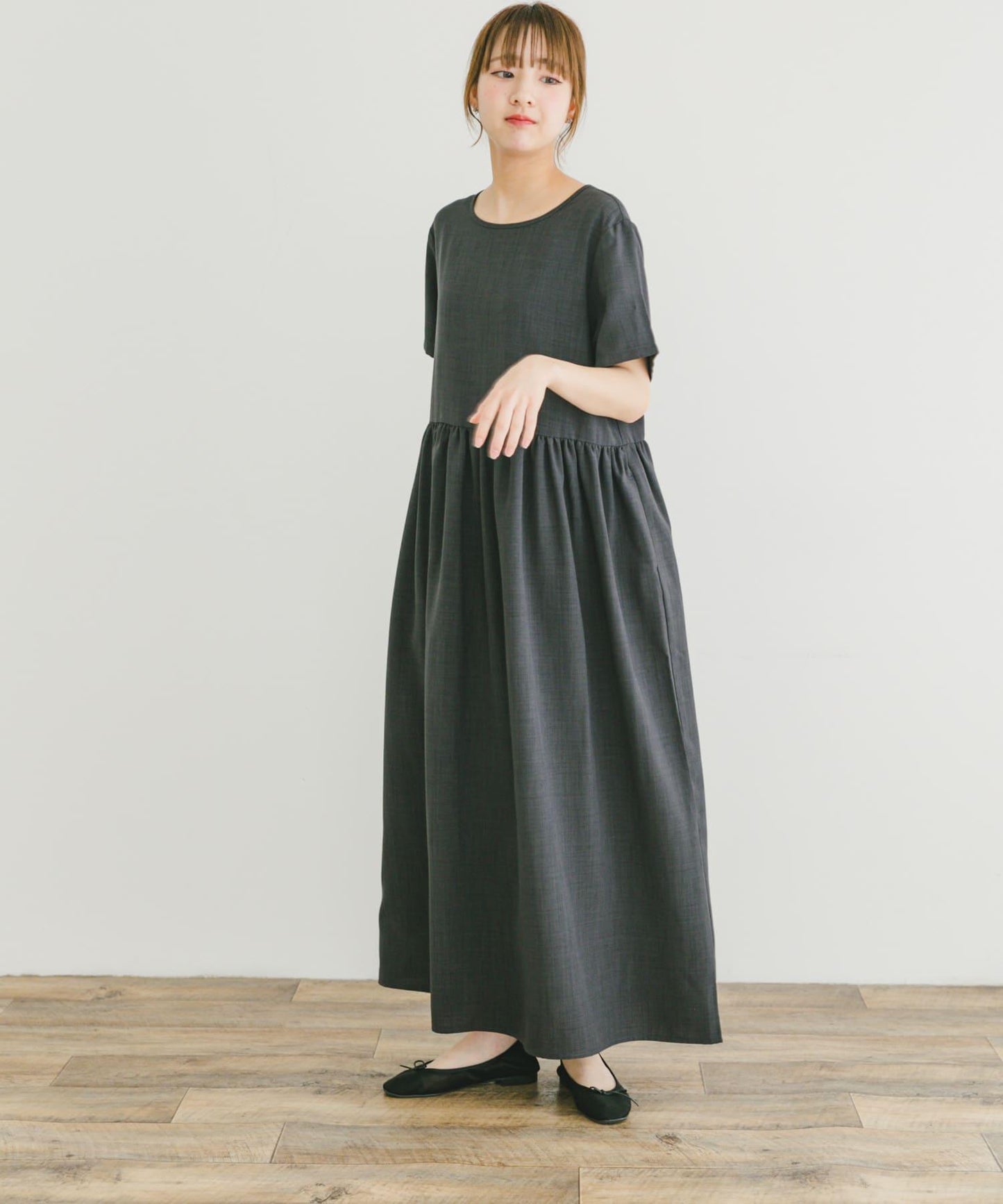 亞麻風短袖連衣裙