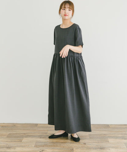 亞麻風短袖連衣裙