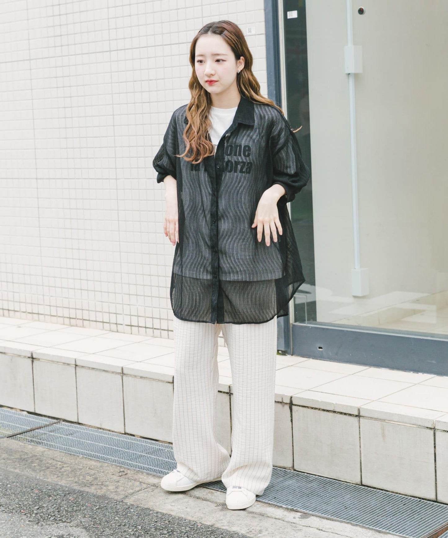 縐紗透視寬鬆襯衫