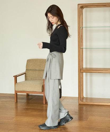 柔軟觸感斜紋裹裙一體式休閒褲（可搭配套裝）