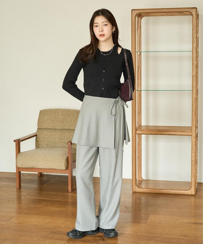 柔軟觸感斜紋裹裙一體式休閒褲（可搭配套裝）