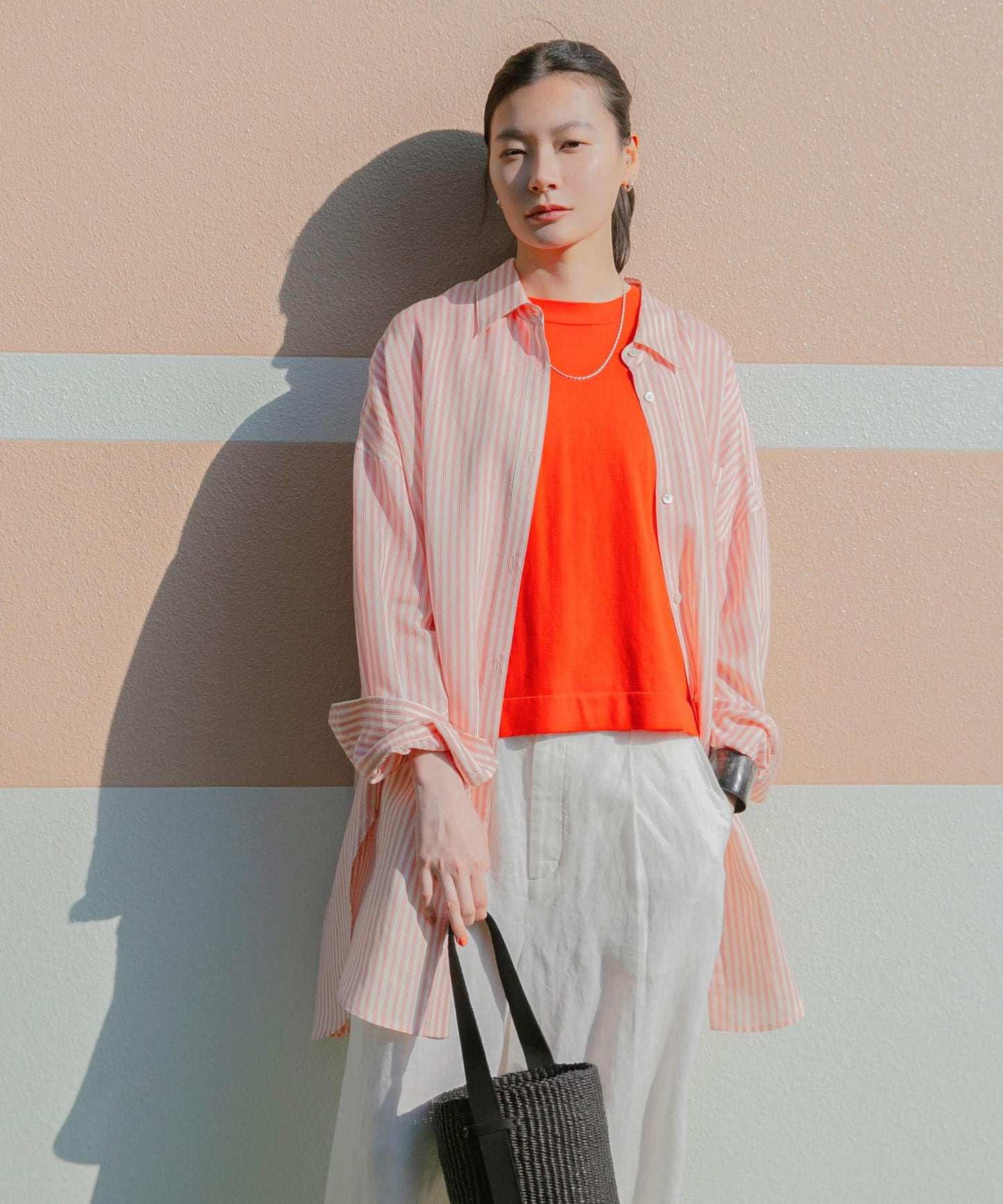 new basic 人造絲真絲條紋寬鬆襯衫