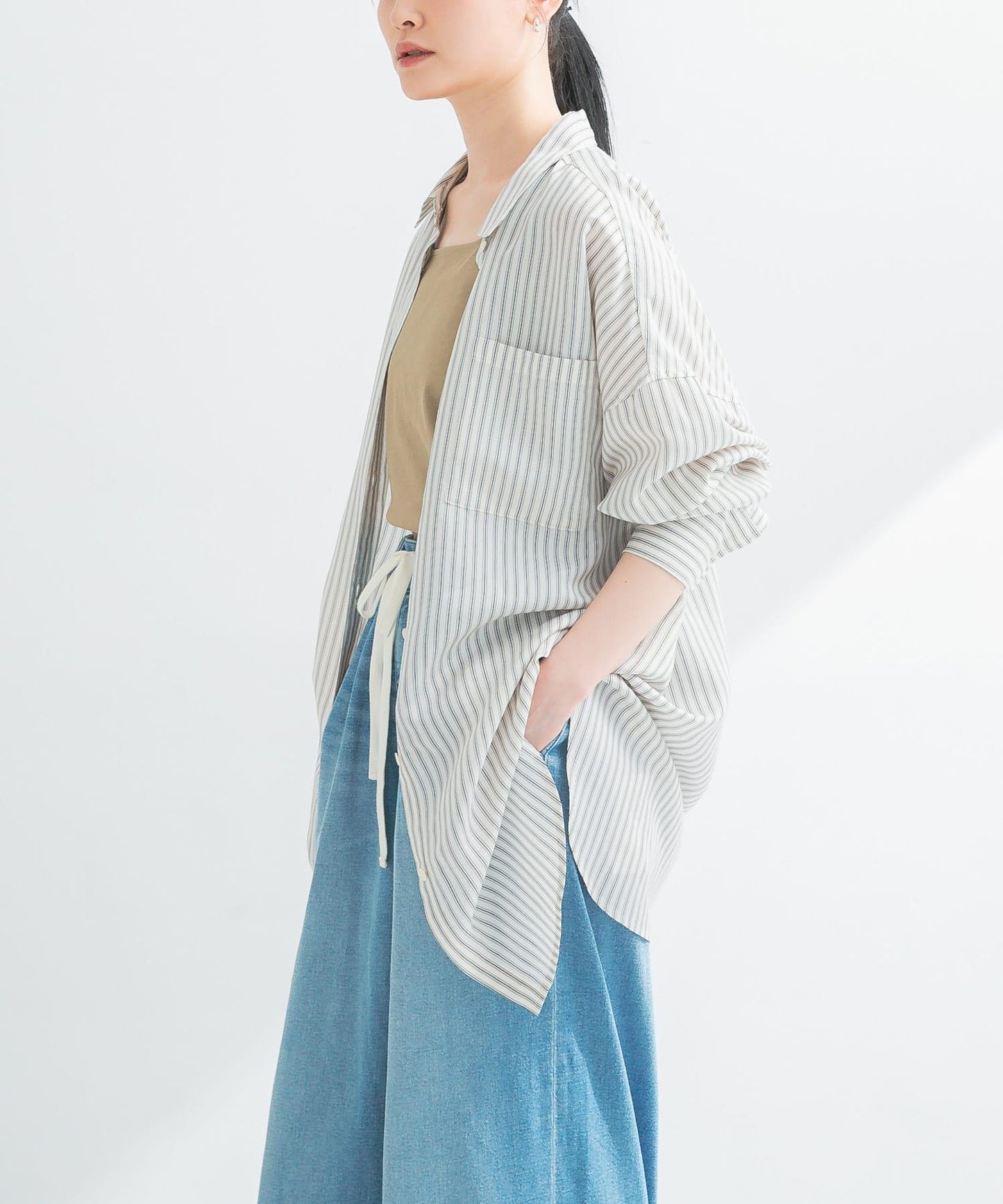 new basic 人造絲真絲條紋寬鬆襯衫