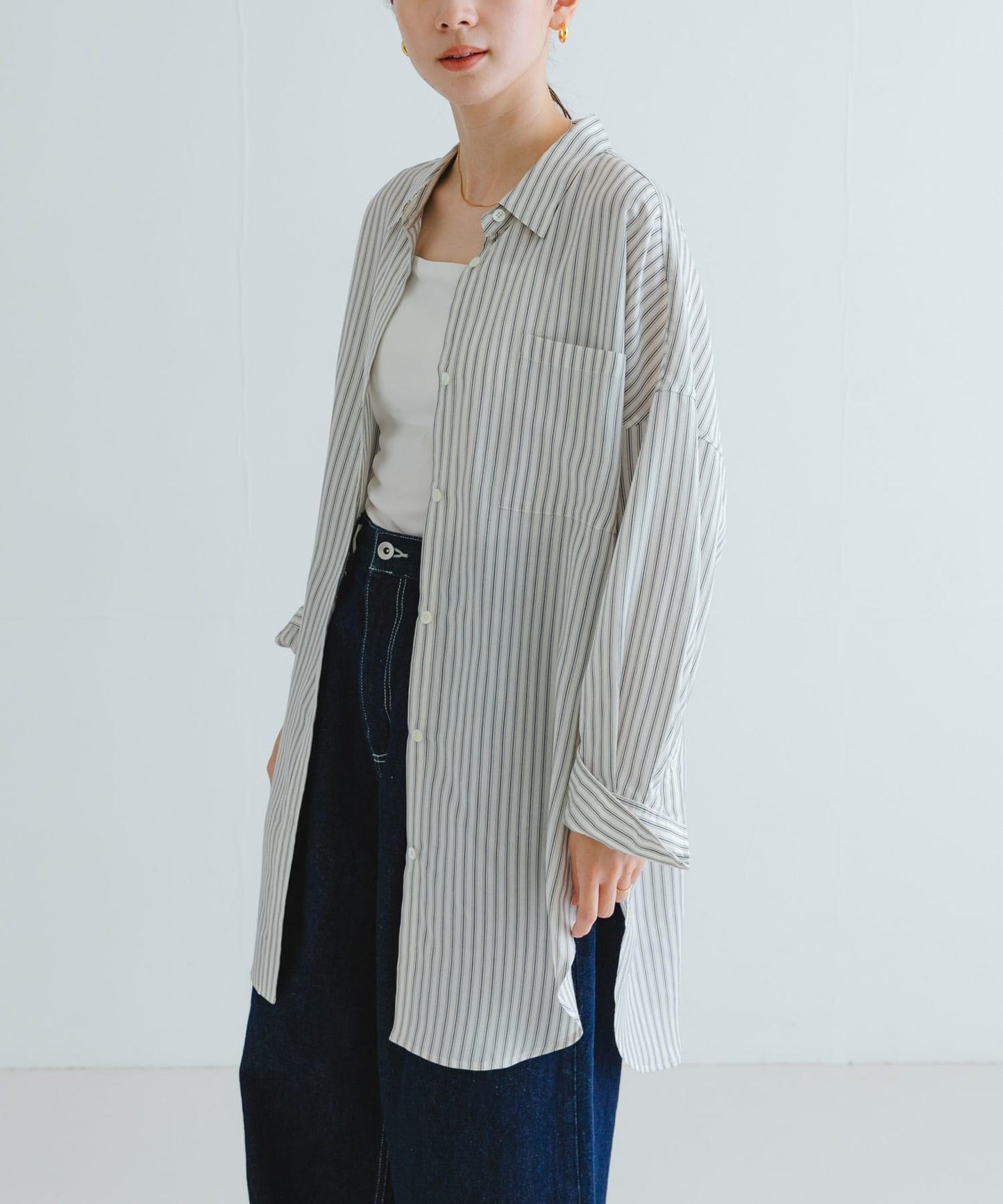 new basic 人造絲真絲條紋寬鬆襯衫