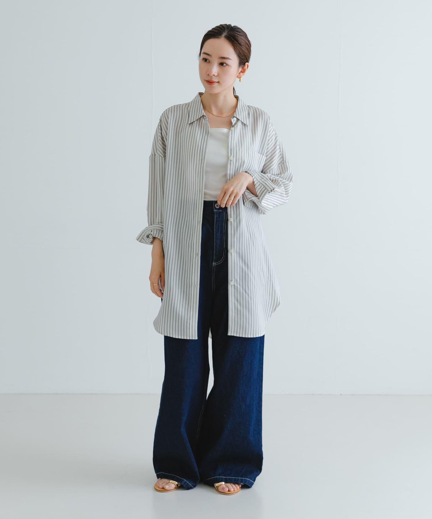 new basic 人造絲真絲條紋寬鬆襯衫