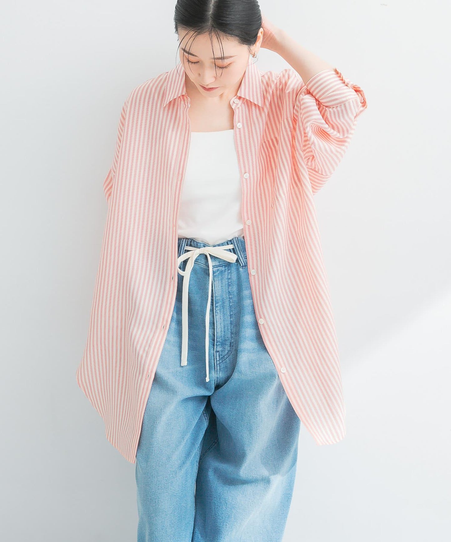 new basic 人造絲真絲條紋寬鬆襯衫