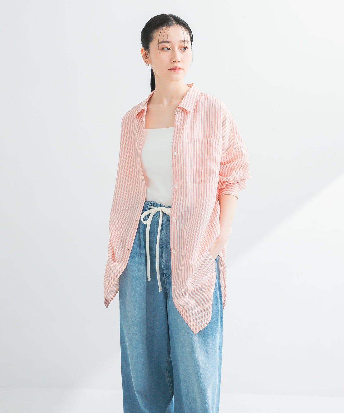 new basic 人造絲真絲條紋寬鬆襯衫