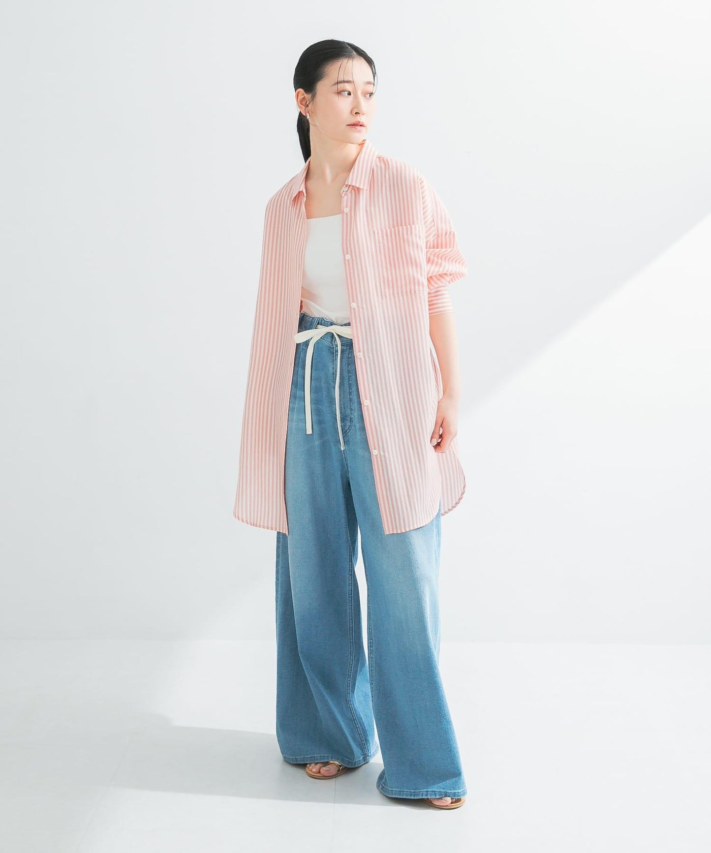 new basic 人造絲真絲條紋寬鬆襯衫