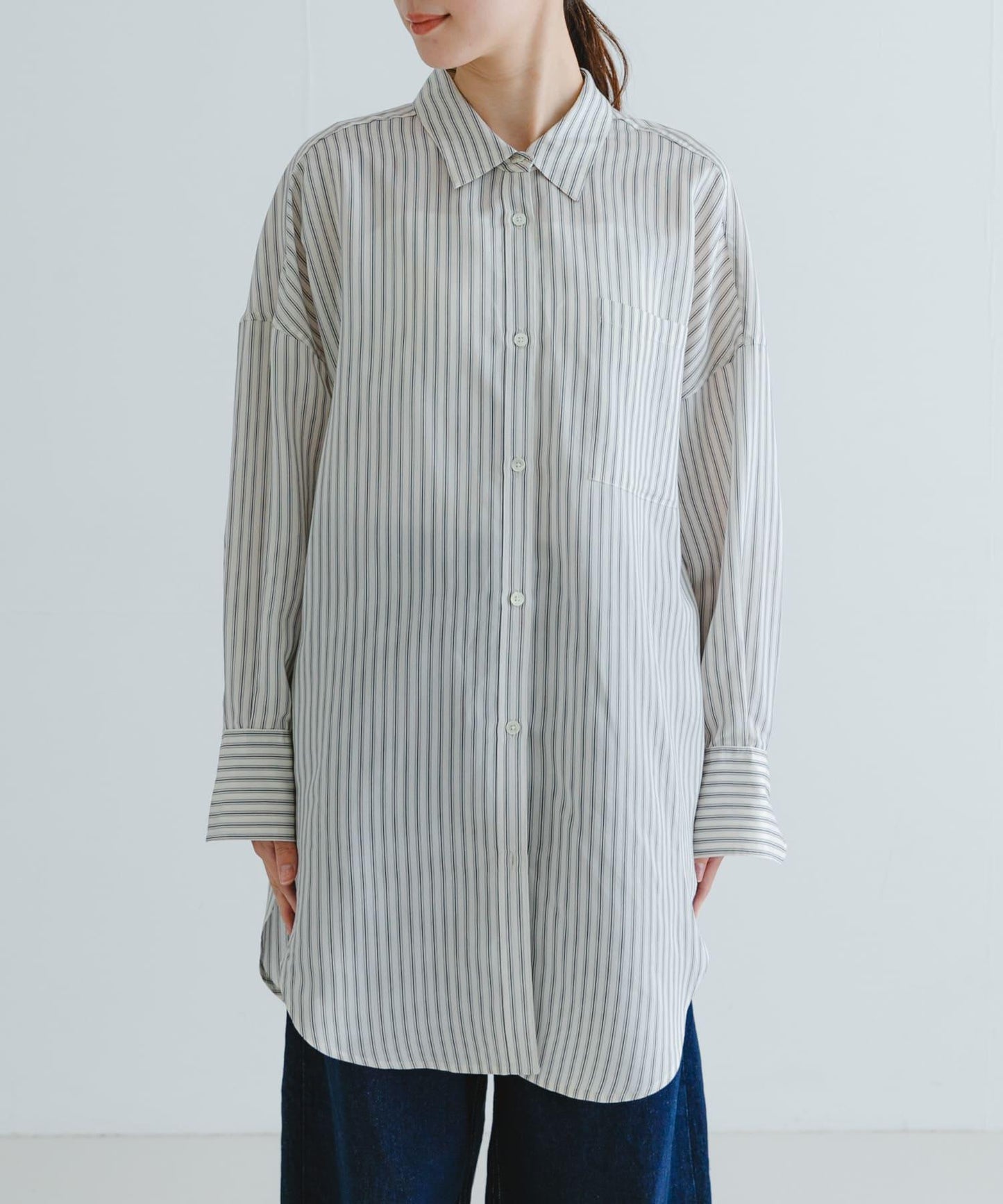 new basic 人造絲真絲條紋寬鬆襯衫