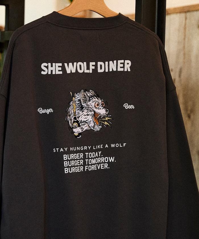 SHE WOLF DINER×FREAK'S STORE/シーウルフダイナー特別款寬鬆版型後背刺繡圓領衛衣/WOLF