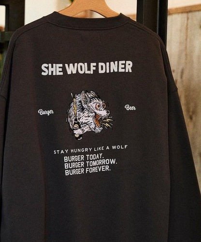 SHE WOLF DINER×FREAK'S STORE/シーウルフダイナー特別款寬鬆版型後背刺繡圓領衛衣/WOLF