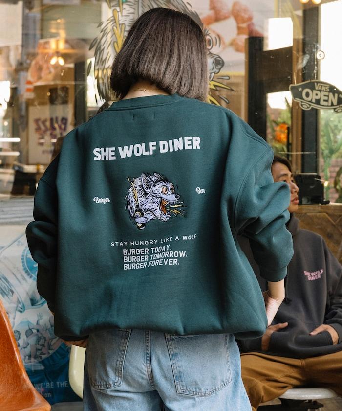SHE WOLF DINER×FREAK'S STORE/シーウルフダイナー特別款寬鬆版型後背刺繡圓領衛衣/WOLF