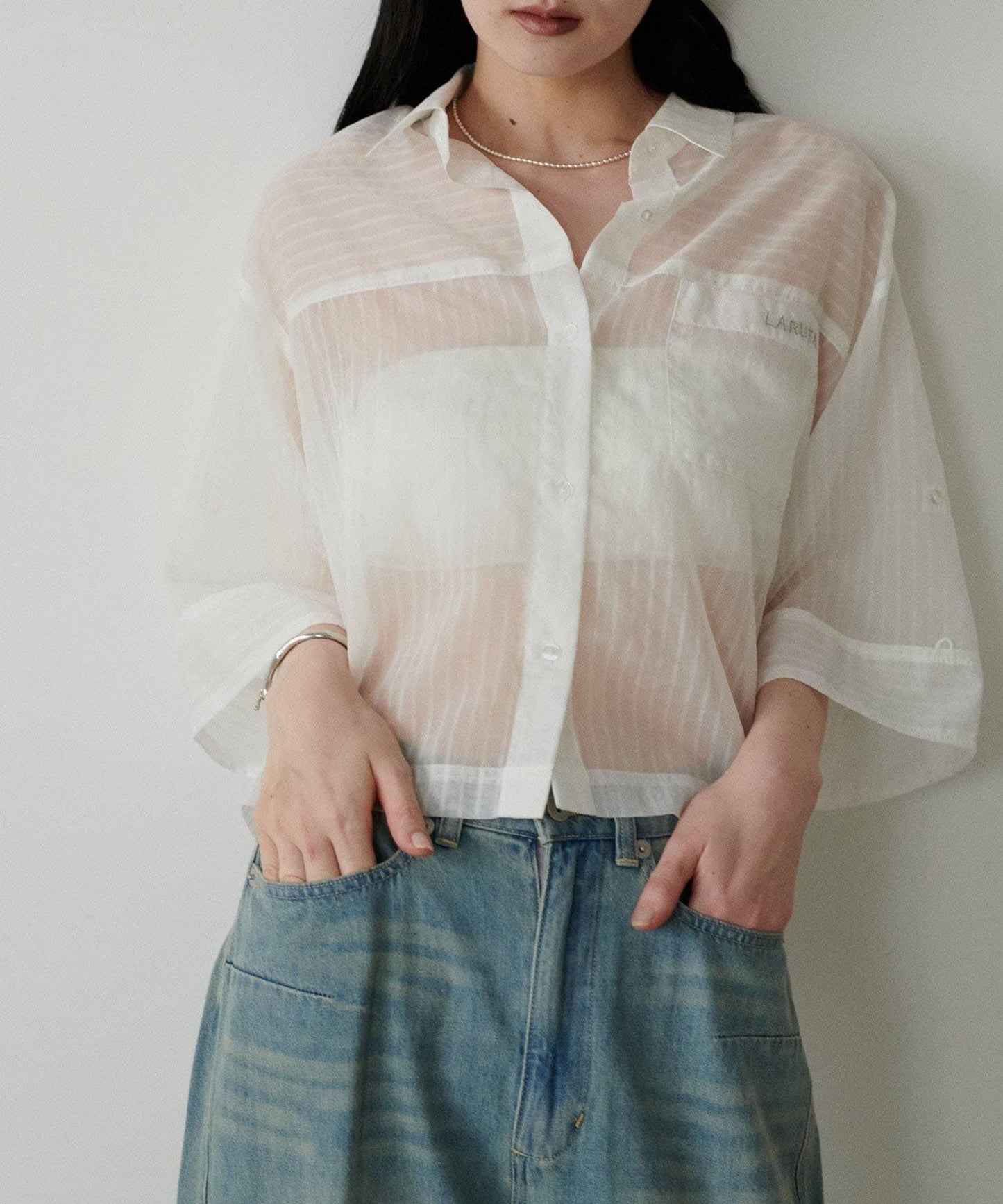 【LARUTA】透視感短袖刺繡標誌襯衫
