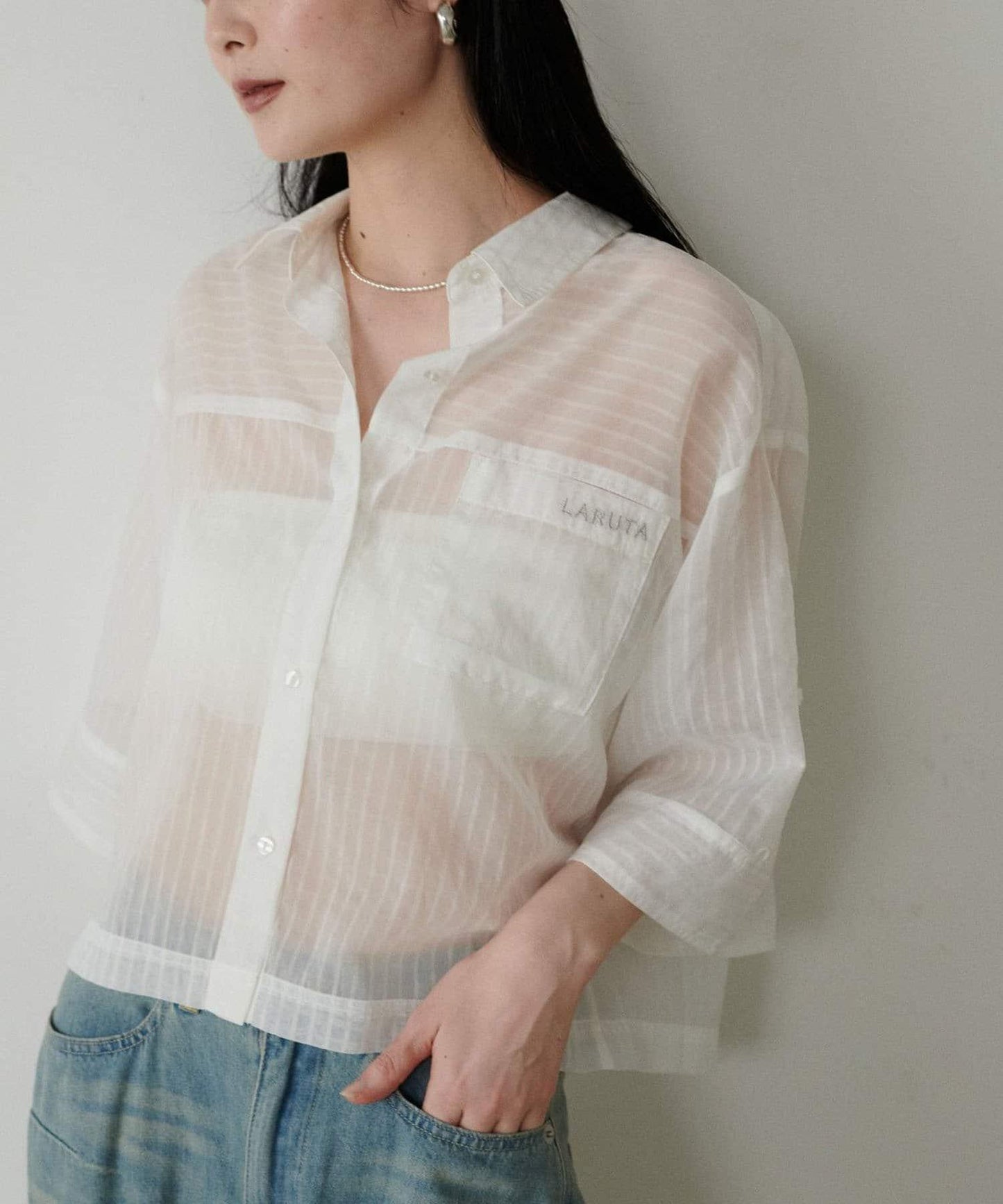 【LARUTA】透視感短袖刺繡標誌襯衫