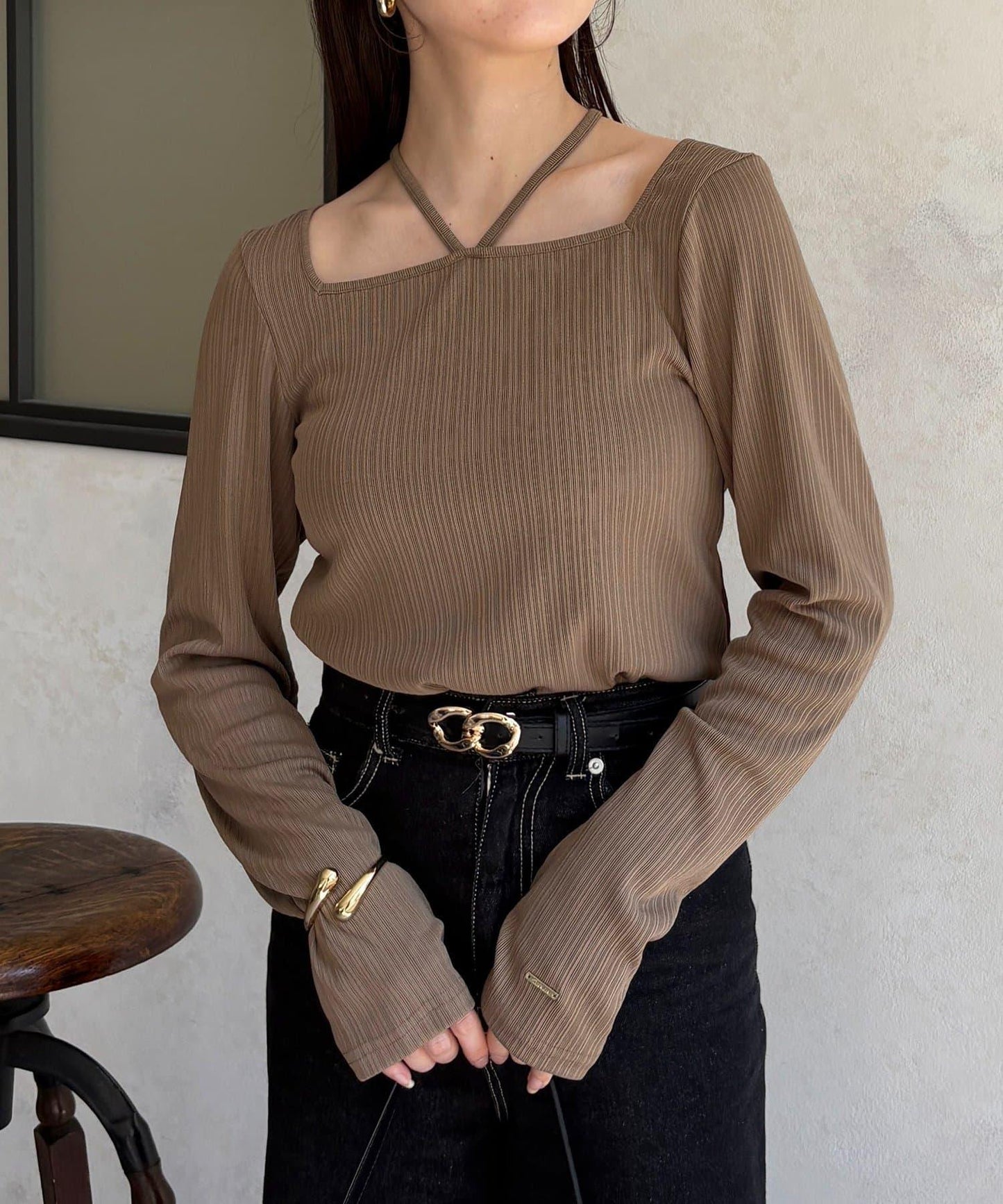 帶吊墜掛脖羅紋套頭衫