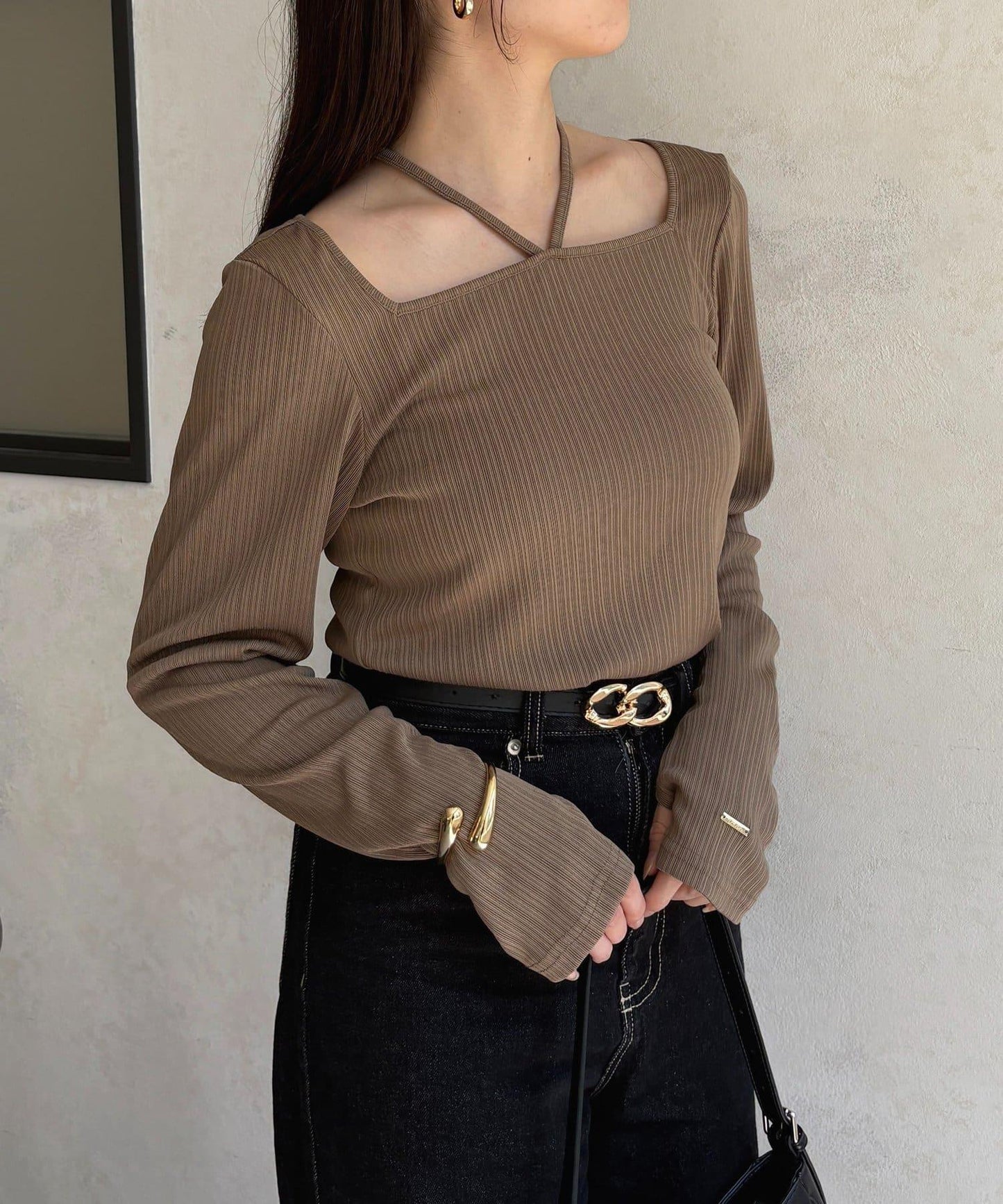 帶吊墜掛脖羅紋套頭衫