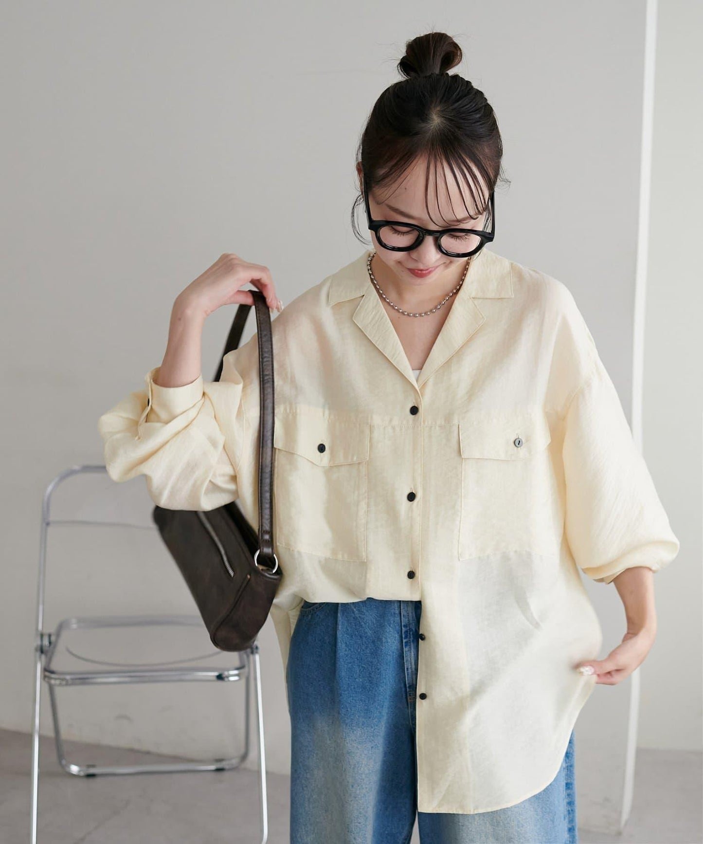 【Discoat】透視黑色紐扣開領襯衫