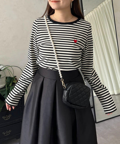 愛心刺繡條紋長袖T恤
