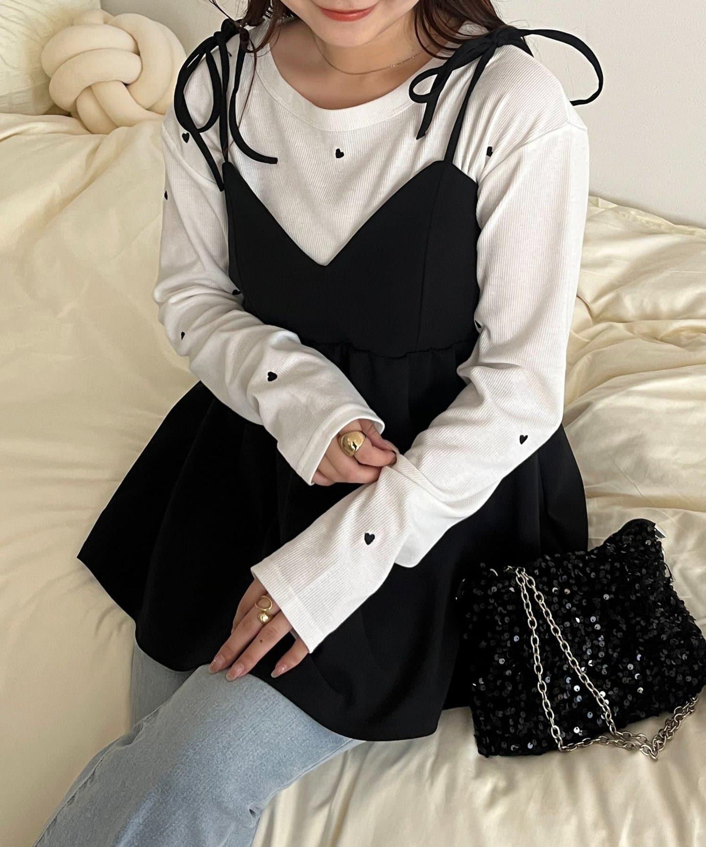 愛心刺繡羅紋長袖T恤