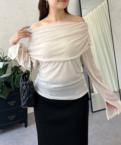 袖開叉透視天鵝絨一字肩上衣